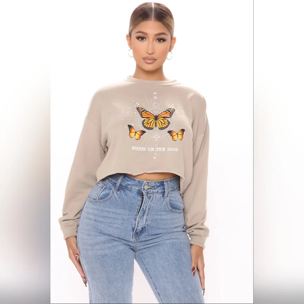Fashion Nova Raw Hem Cropped Sweatshirt Butterfly 🦋 Design Taupe Small - Picture 1 of 5
